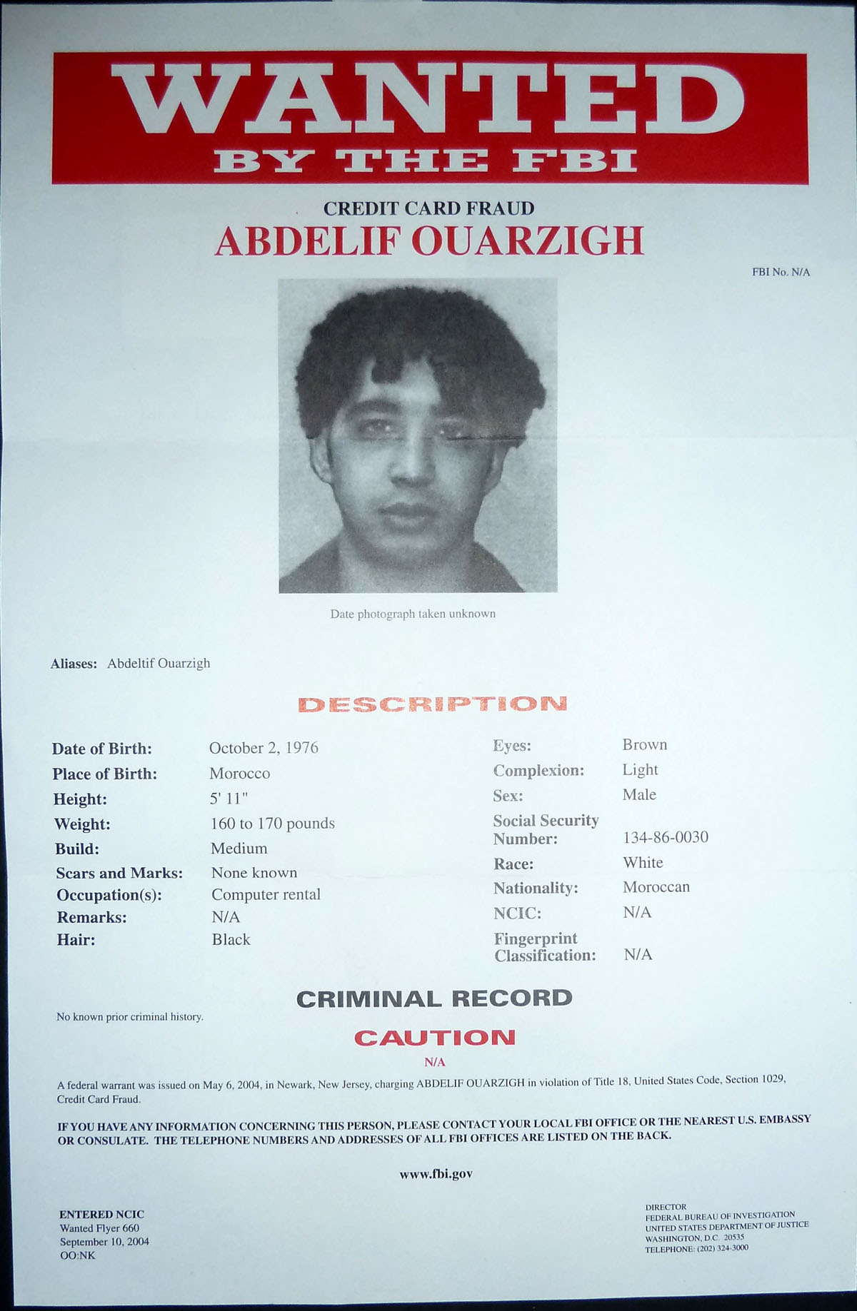 Image for FBI Wanted Poster - Abdelif Ouarzigh - Wanted for Credit Card Fraud