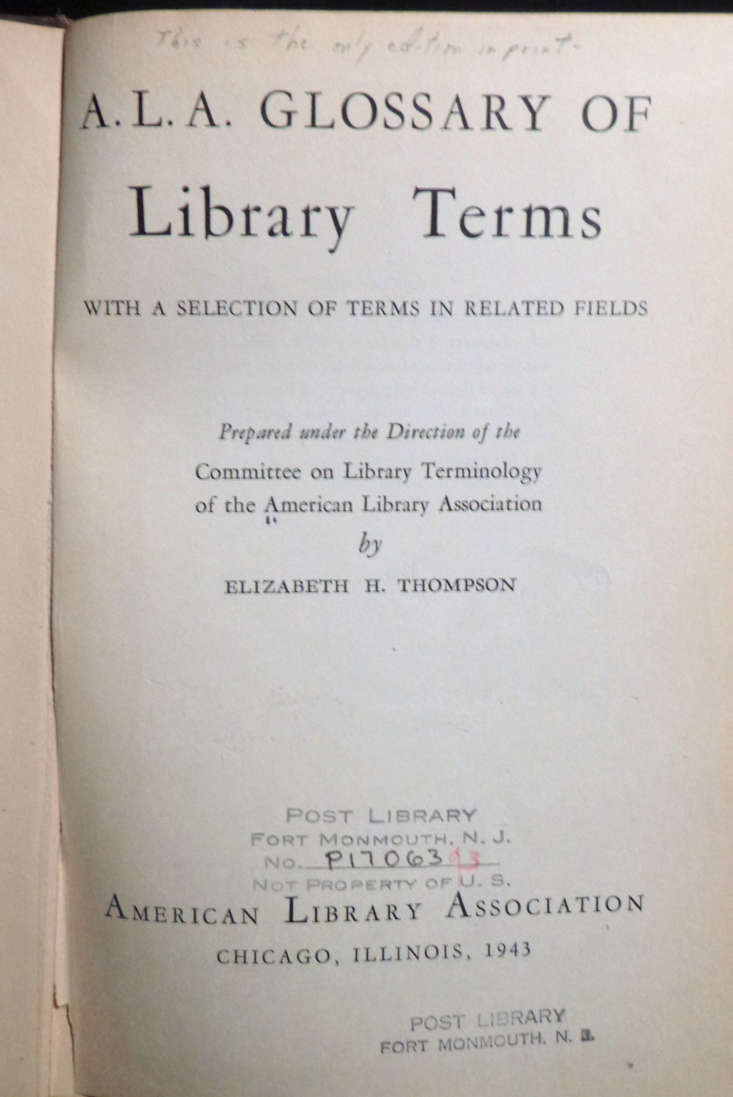 Image for A.L.A. Glossary of Library Terms