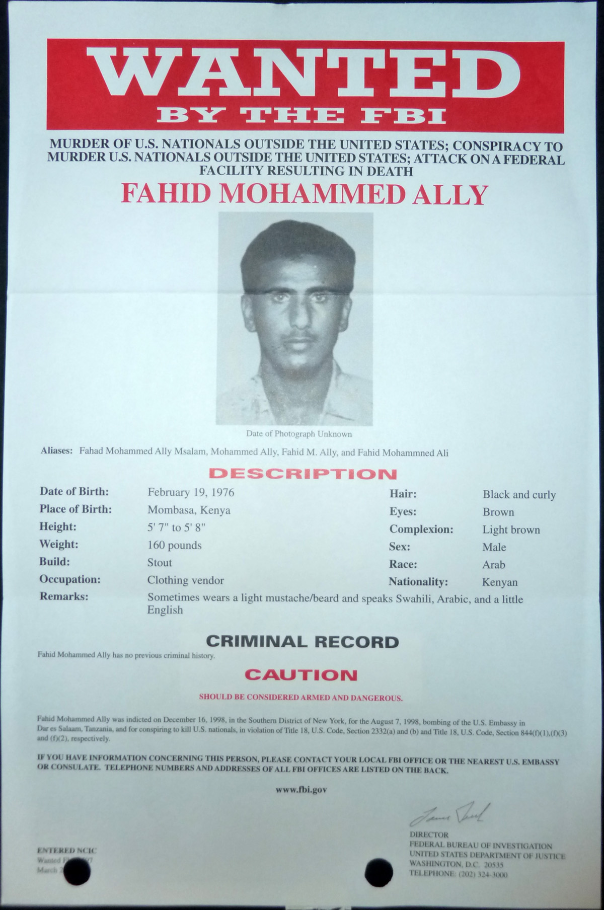 Image for FBI Wanted Poster-Fahid Mohammed Ally