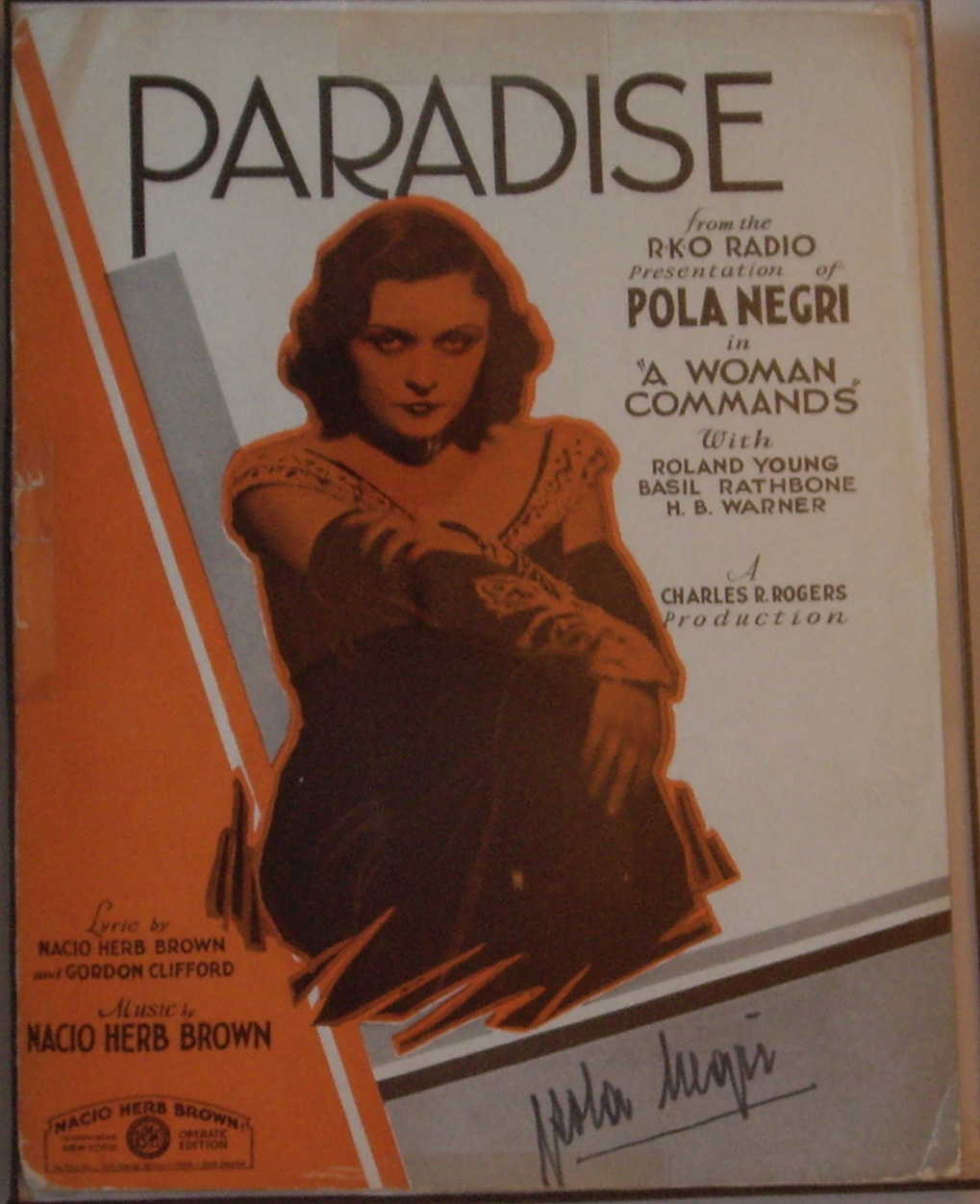 Pola NEGRI signed 'Paradise' Sheet Music Cover , 1932