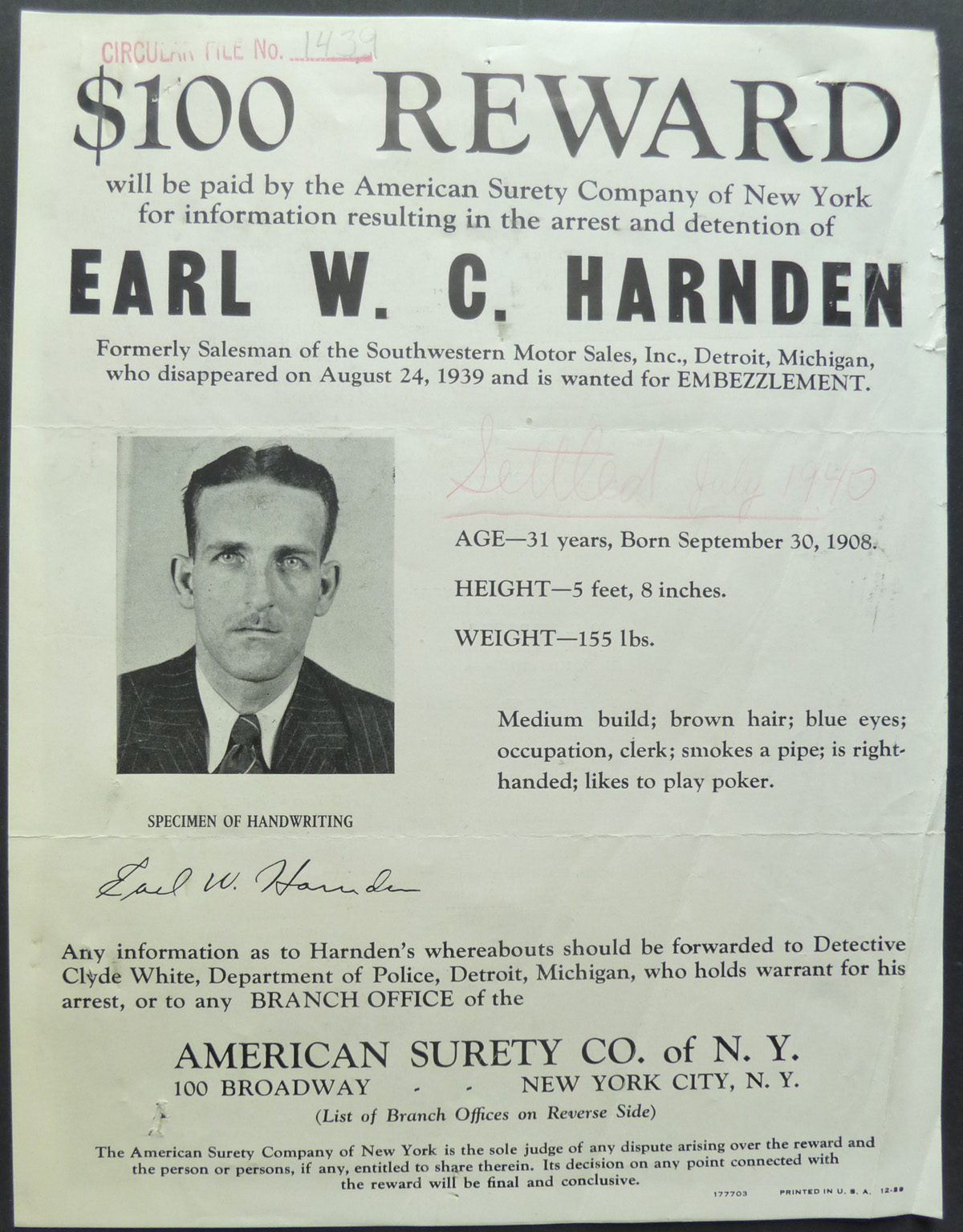 Image for Original Wanted Notice - 1940 Embezzlement