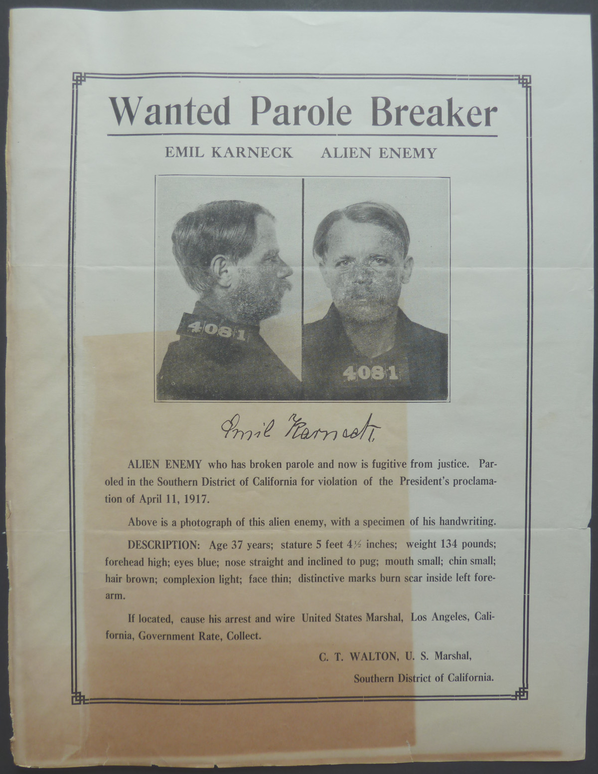 Image for U.S. Marshall Wanted Notice - Alien Enemy