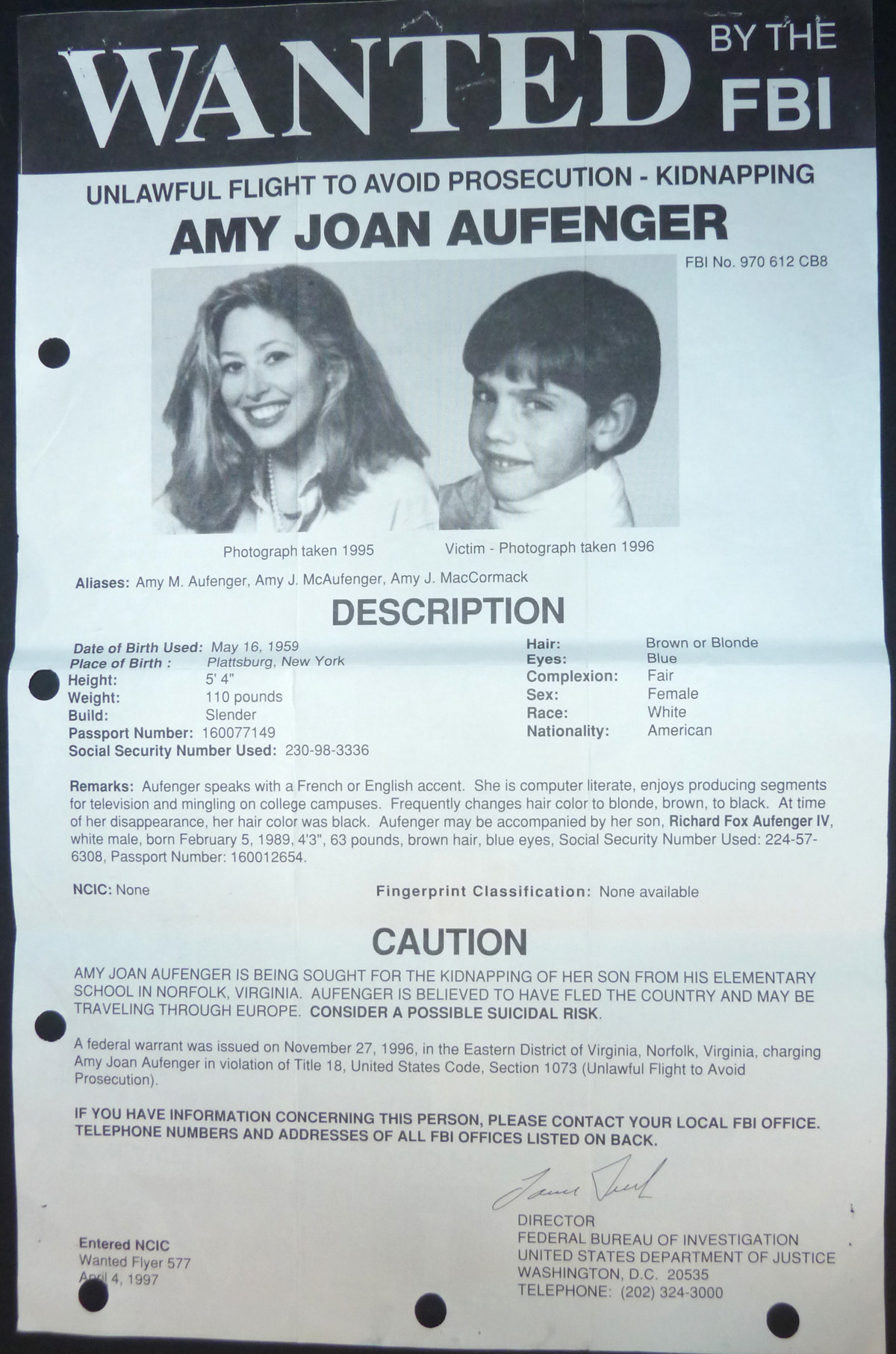 Image for FBI Wanted Poster- Amy Joan Aufenger