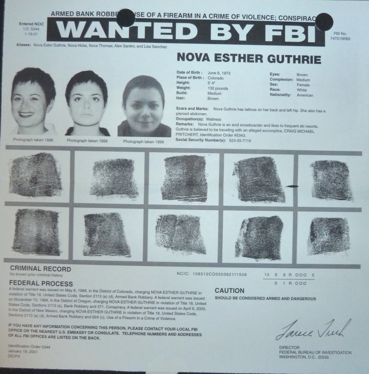 Image for FBI Wanted Poster- Nova Esther Guthrie