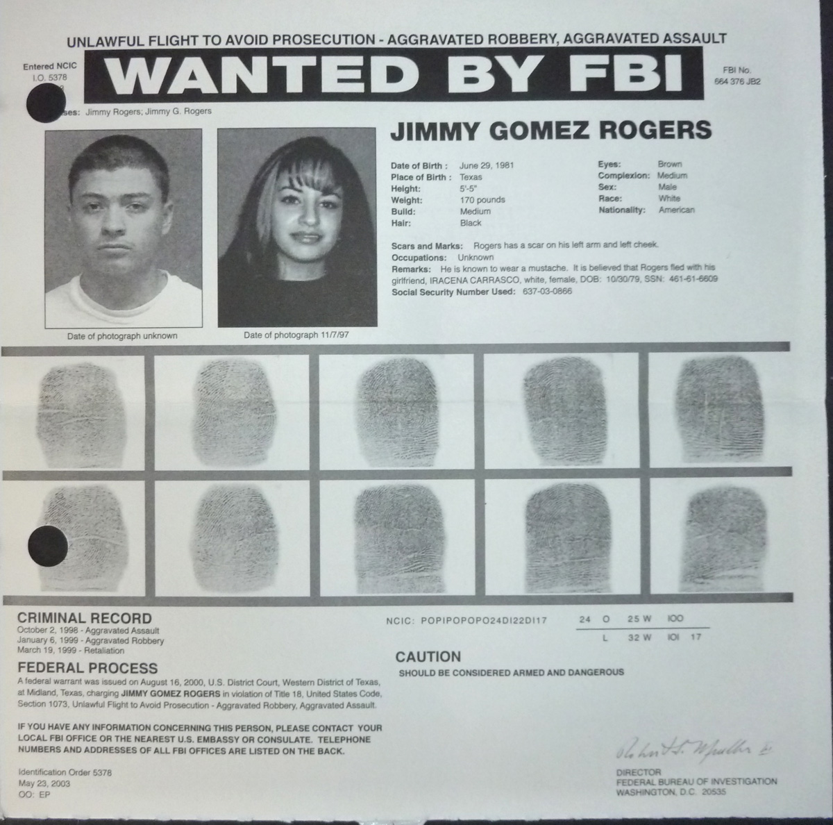 Image for FBI Wanted Poster- Jimmy Gomez Rogers