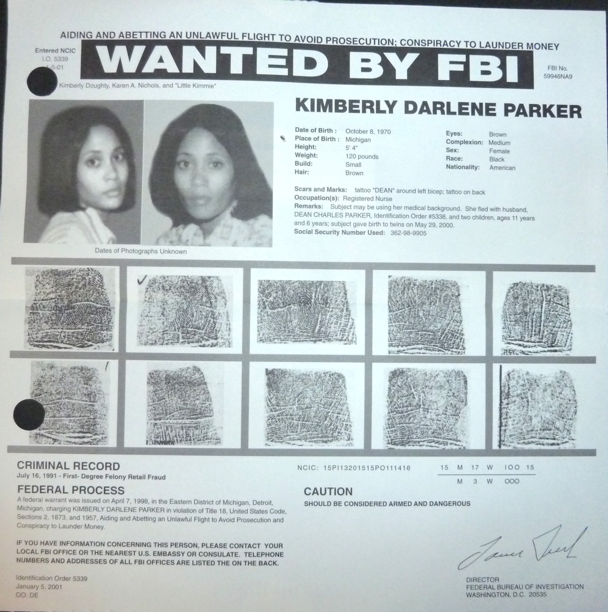 Image for FBI Wanted Poster-' Little Kimmie' Parker