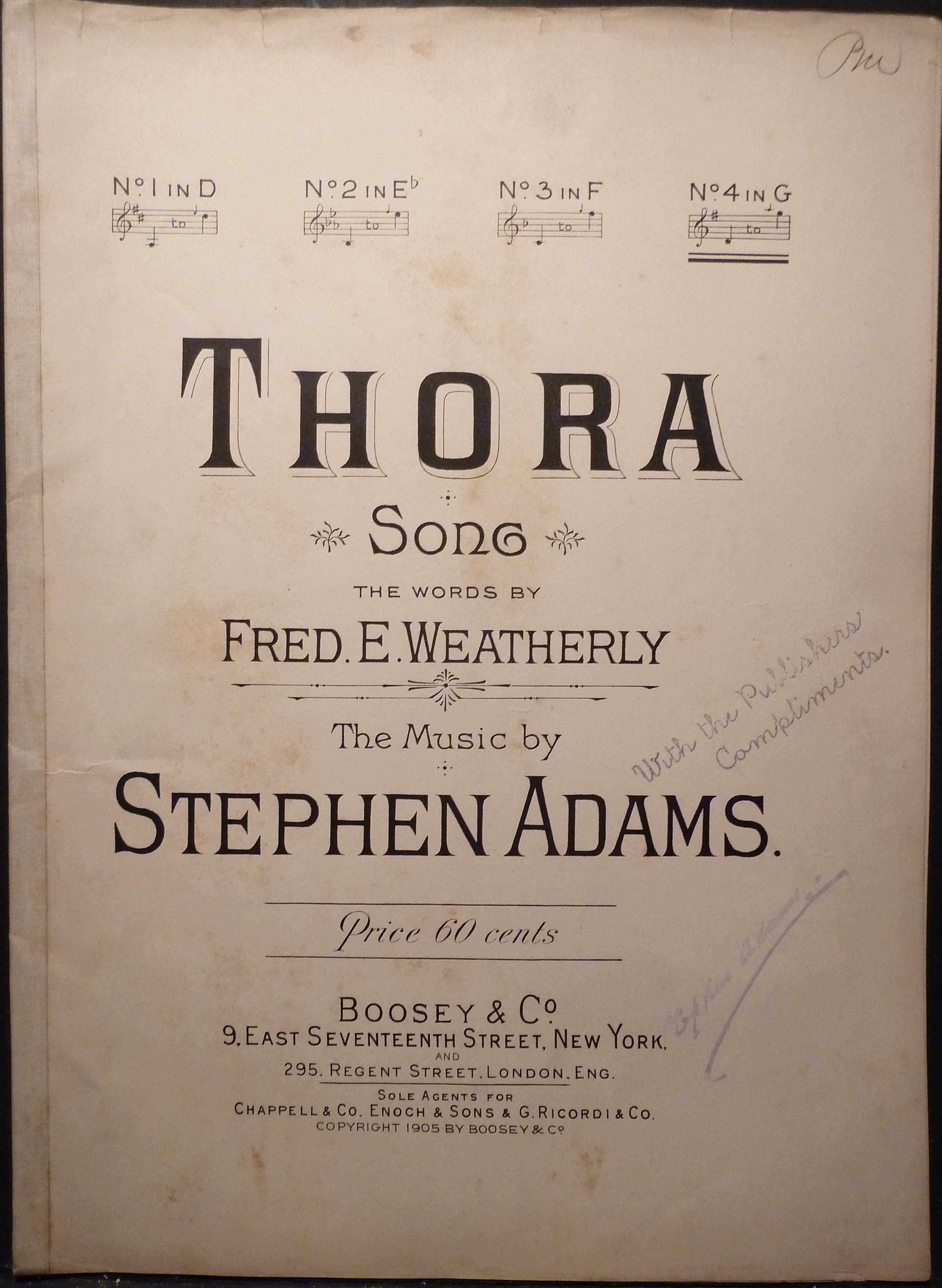 Image for 1905-Thora Song - Words by Fred Weatherly, Music by Stephen Adams